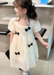 Beautiful Beige O Neck Bow Patchwork Tulle Kids Girls Dress Summer