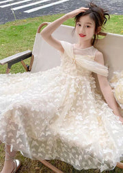 Beautiful Beige O-Neck Butterfly Tulle Girls Long Dresses Summer