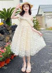 Beautiful Beige O-Neck Butterfly Tulle Girls Long Dresses Summer