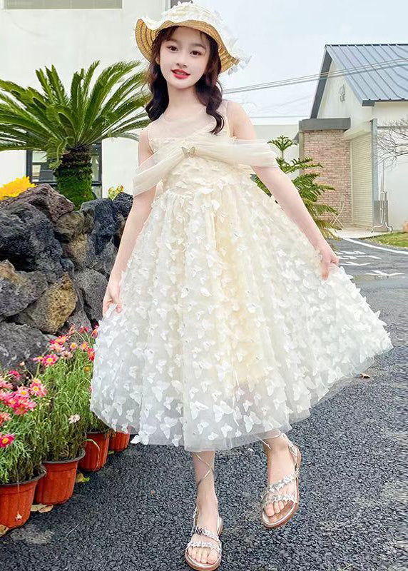 Beautiful Beige O-Neck Butterfly Tulle Girls Long Dresses Summer