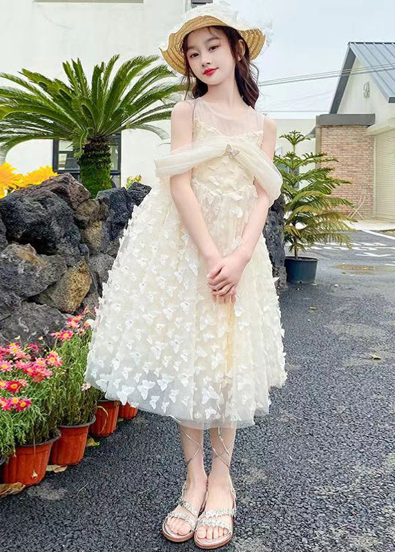 Beautiful Beige O-Neck Butterfly Tulle Girls Long Dresses Summer