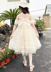 Beautiful Beige O-Neck Butterfly Tulle Girls Long Dresses Summer