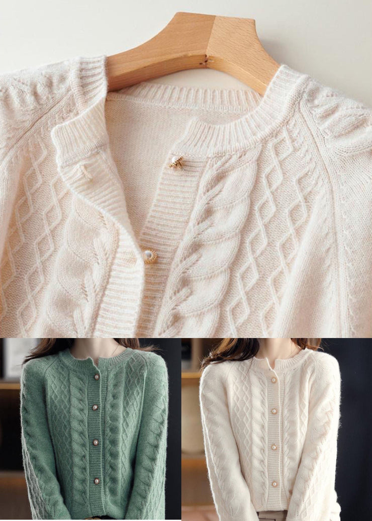 Beautiful Beige O-Neck Pearl Button Wool Knit Cardigan Winter