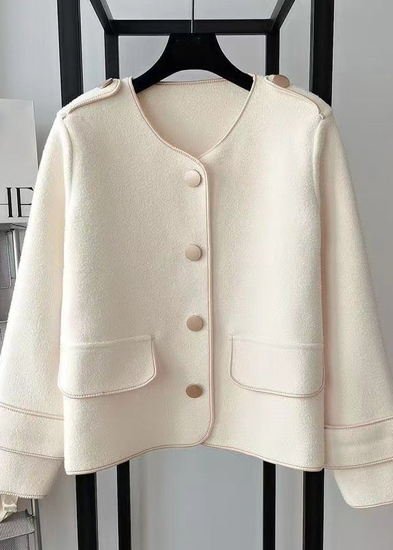 Beautiful Beige O Neck Pockets Woolen Short Coat Spring