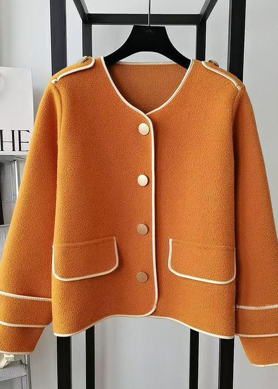 Beautiful Beige O Neck Pockets Woolen Short Coat Spring