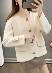 Beautiful Beige O Neck Pockets Woolen Short Coat Fall