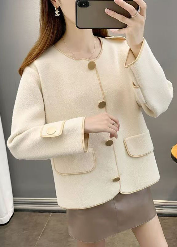 Beautiful Beige O Neck Pockets Woolen Short Coat Spring