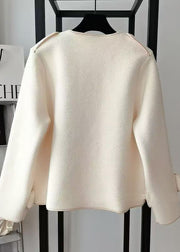 Beautiful Beige O Neck Pockets Woolen Short Coat Spring