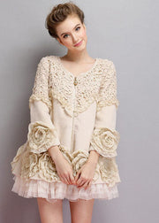 Beautiful Beige O-Neck Tulle Patchwork Applique Mink Velvet Coats Spring