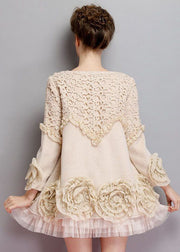 Beautiful Beige O-Neck Tulle Patchwork Applique Mink Velvet Coats Spring