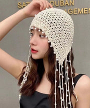 Beautiful Beige Pearl Tassel Hollow Out Knit Bonnie Hat