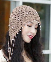 Beautiful Beige Pearl Tassel Hollow Out Knit Bonnie Hat