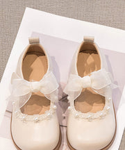 Beautiful Beige Pearl Tulle Bow For Girls Buckle Strap Platform Flat Shoes