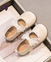 Beautiful Beige Pearl Tulle Bow For Girls Buckle Strap Platform Flat Shoes