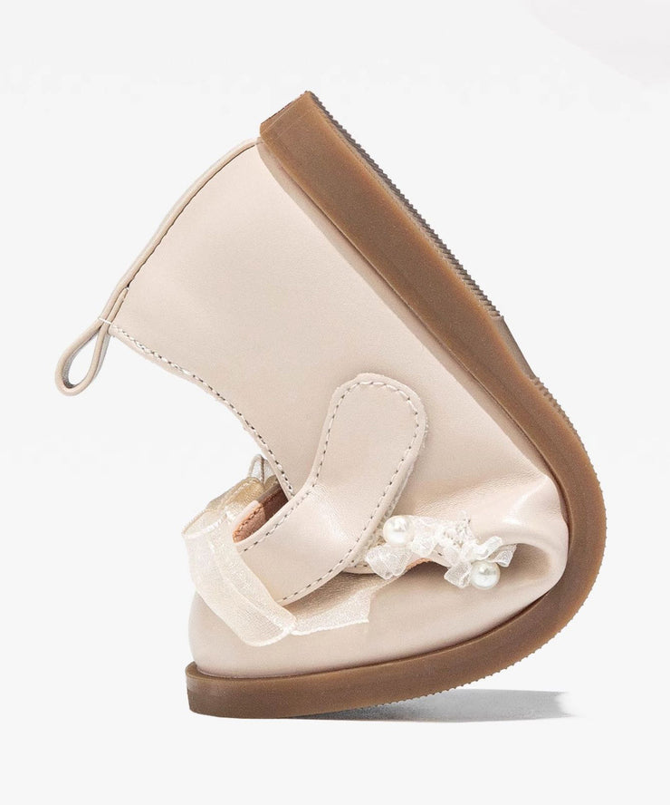 Beautiful Beige Pearl Tulle Bow For Girls Buckle Strap Platform Flat Shoes