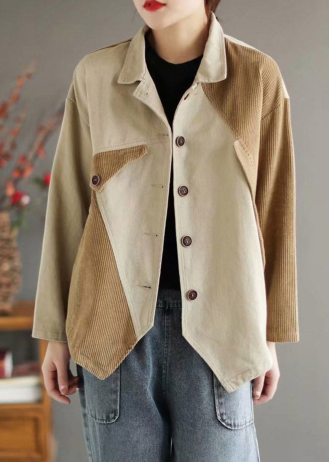 Beautiful Beige Peter Pan Collar Patchwork Corduroy Coats Long Sleeve