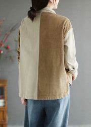 Beautiful Beige Peter Pan Collar Patchwork Corduroy Coats Long Sleeve