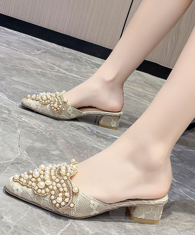 Beautiful Beige Pointed Toe Pearls Chunky Thong Sandals