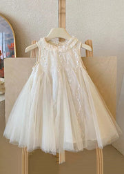 Beautiful Beige Ruffled Tulle Patchwork Girls Dress Sleeveless