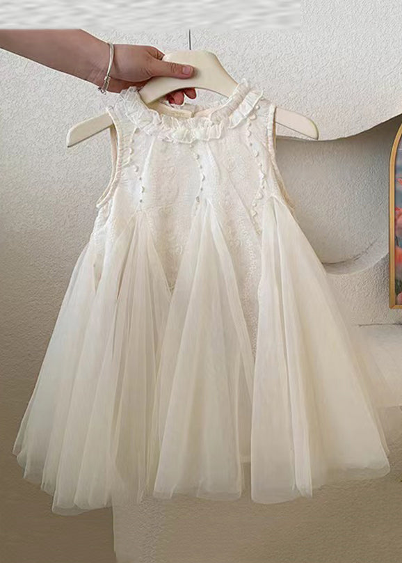 Beautiful Beige Ruffled Tulle Patchwork Girls Dress Sleeveless