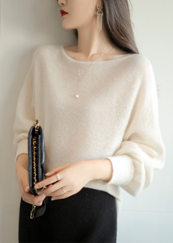 Beautiful Beige Slash Neck Patchwork Woolen Knit Sweaters Fall