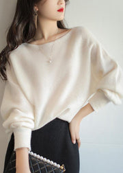 Beautiful Beige Slash Neck Patchwork Woolen Knit Sweaters Fall