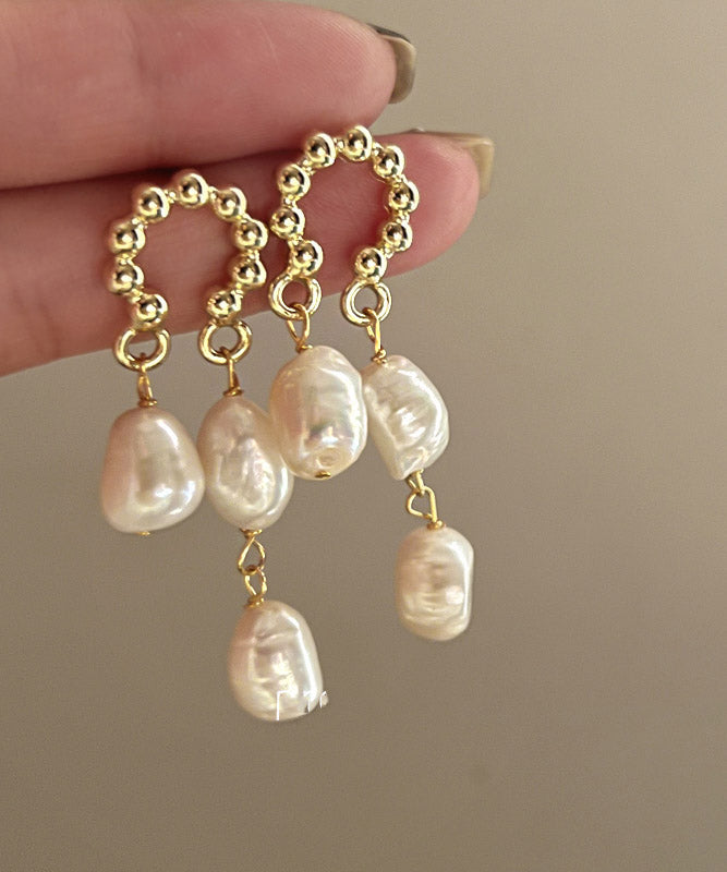 Beautiful Beige Sterling Alloy Silver Pearl Tassel Drop Earrings