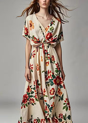 Beautiful Beige V Neck Print Cotton Long Dress Summer