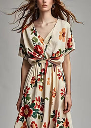 Beautiful Beige V Neck Print Cotton Long Dress Summer
