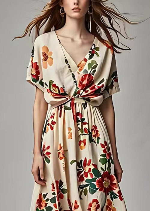 Beautiful Beige V Neck Print Cotton Long Dress Summer