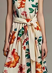 Beautiful Beige V Neck Print Tie Waist Cotton Long Dresses Sleeveless