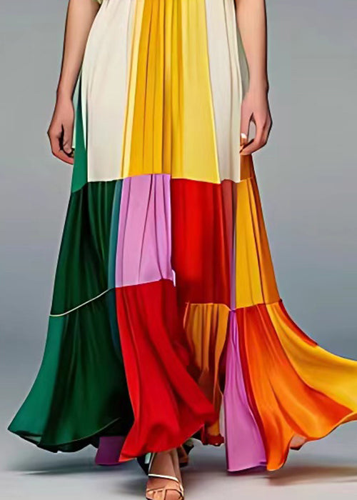 Beautiful Beige Wrinkled Patchwork Silk Spaghetti Strap Dress Sleeveless