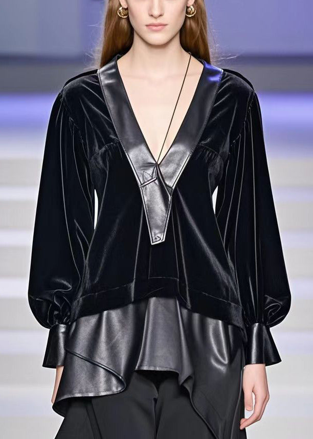 Beautiful Black Asymmetrical Faux Leather Patchwork Silk Velour Shirt Top Spring