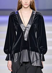 Beautiful Black Asymmetrical Faux Leather Patchwork Silk Velour Shirt Top Spring