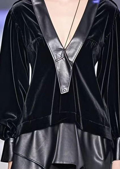 Beautiful Black Asymmetrical Faux Leather Patchwork Silk Velour Shirt Top Spring