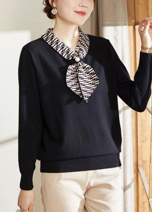 Beautiful Black Bow Collar Print Knit Blouses Long Sleeve