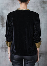 Beautiful Black Bow Collar Silk Velour Shirt Top Spring