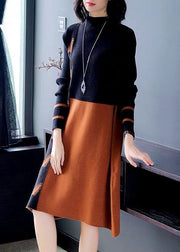 Beautiful Black Brown Stand Collar Patchwork Jacquard Knitwear Dress Winter