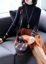 Beautiful Black Brown Stand Collar Patchwork Jacquard Knitwear Dress Winter