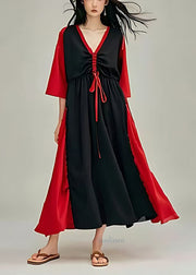 Beautiful Black Cinched Patchwork Cotton Long Dress Summer