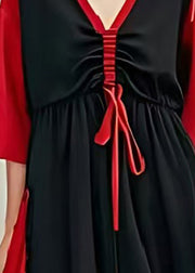 Beautiful Black Cinched Patchwork Cotton Long Dress Summer