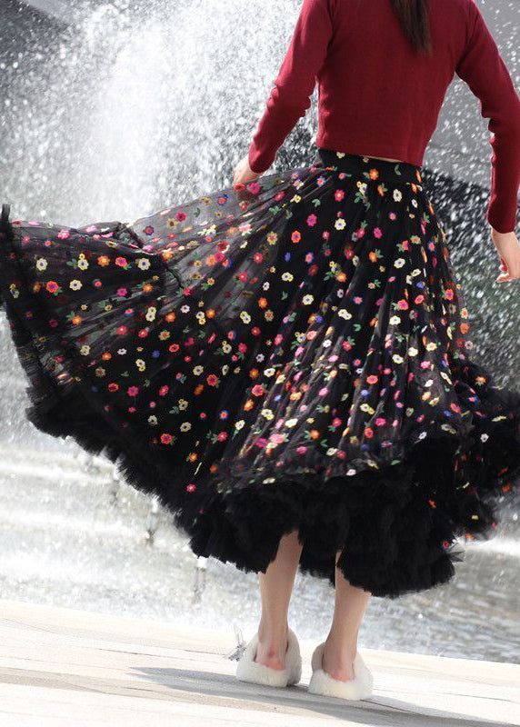 Beautiful Black Embroidered Floral Exra Large Hem Tulle Skirt Spring