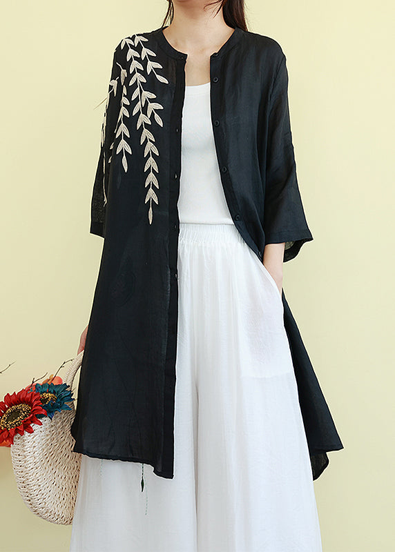 Beautiful Black Embroidered Linen Shirt Dresses Summer