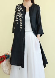 Beautiful Black Embroidered Linen Shirt Dresses Summer