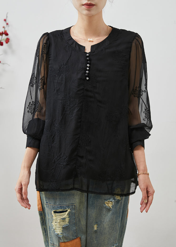 Beautiful Black Embroidered Linen Silk Shirt Top Summer