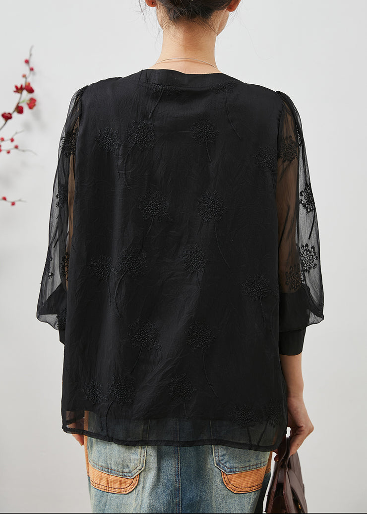 Beautiful Black Embroidered Linen Silk Shirt Top Summer