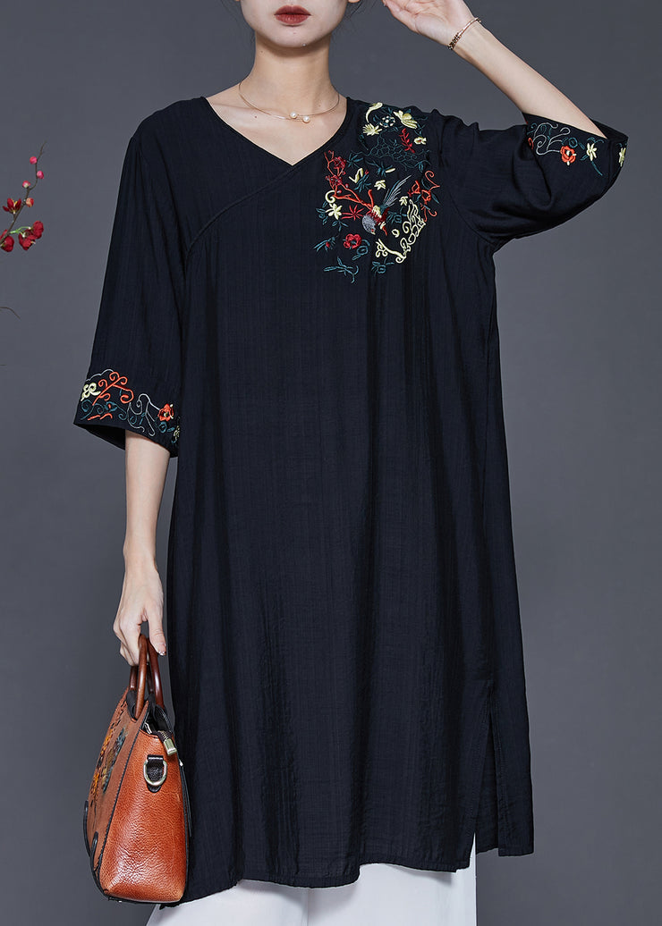 Beautiful Black Embroidered Oversized Linen Dress Summer