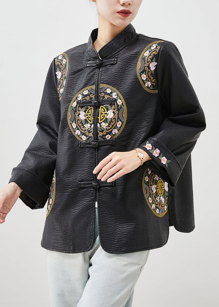 Beautiful Black Embroidered Chinese Button Faux Leather Coat Spring