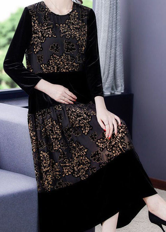 Beautiful Black Embroideried Tulle Patchwork Silk Velour Dresses Spring