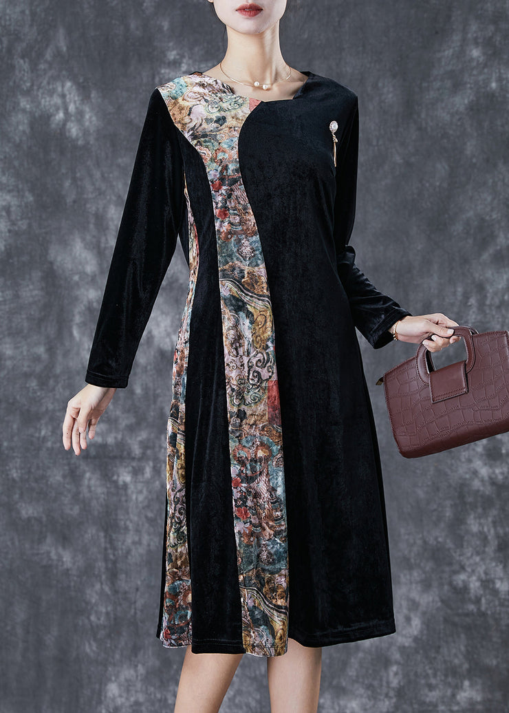 Beautiful Black Exra Large Hem Patchwork Silk Velour Vacation Dresses Fall